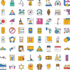 Fototapeta premium Assorted vector line icons representing various concepts, objects, and activities with vibrant colors and thin linear outlines, arranged on a clean white background