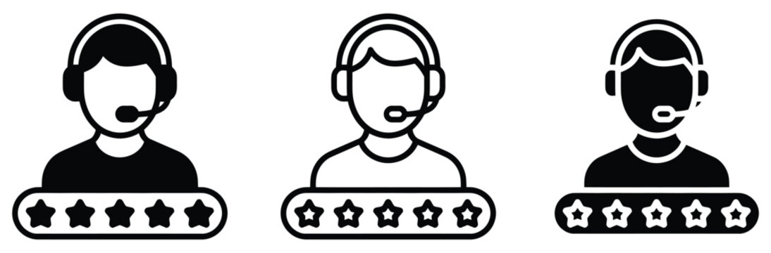 Customer support icon set with call center agent wearing headset and five stars vector illustration for client service, top rating, and feedback symbol in black silhouette, outline linear style, and f