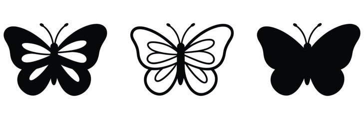 Butterfly icon set with beautiful insect vector illustration for spring, nature concept, and beauty symbol in black silhouette, outline linear style, and flat design isolated on white background. © Prime Stocks