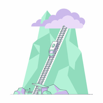 Minimalist vector illustration of a funicular train climbing a steep green mountain into the clouds.