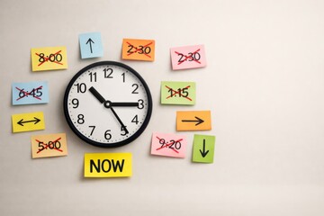 Clock with sticky notes indicating different times and word now, time management concept © dvoevnore