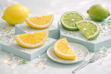 Crystalcore rhinestones embellish lemon and lime slices on pastel background © dvoevnore