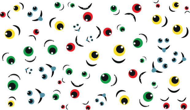An energetic and busy seamless vector pattern filled with an assortment of colorful monster facial features including eyes smiles frowns and fangs all set against a clean white backgroun