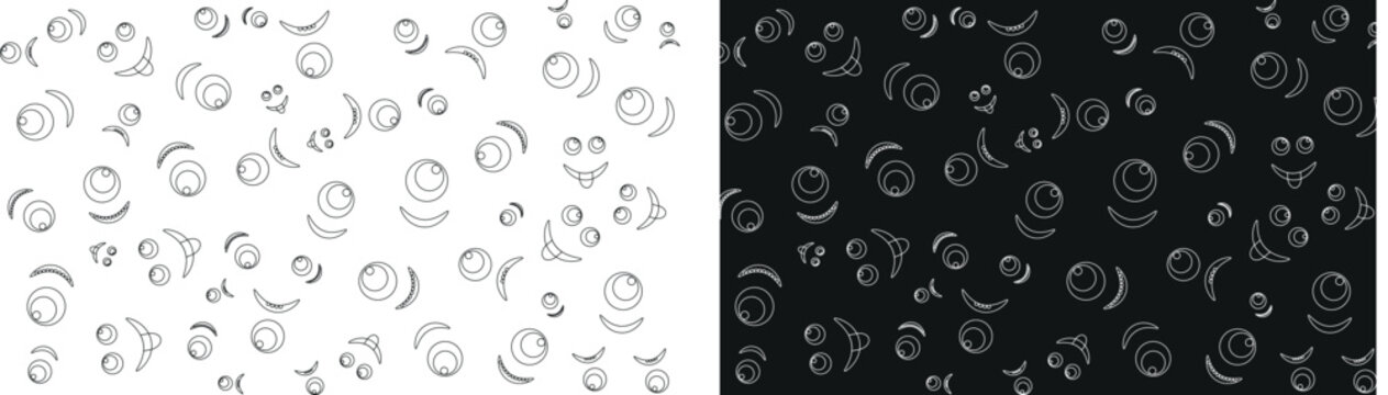 A graphic vector illustration featuring a seamless pattern composed of outlined monster eyes and smiling mouths. The design is presented in two variations: white outlines on a black background