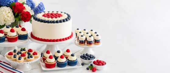 USA independence 250th anniversary sale dessert banner with red white blue cake, cupcakes, berries, flowers, copy space, patriotic background for advertising, promotion, celebration, social media © dvoevnore
