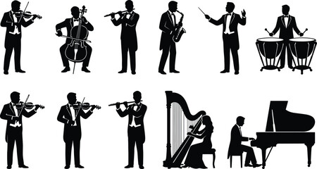 Classical orchestra musician silhouettes featuring violin cello flute saxophone harp piano conductor and percussion black vector illustration collection © MstSaleha