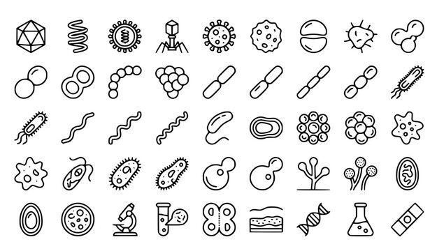 Minimal Linear Microorganisms Virus and Bacteria Icon Set with Pathogen Cells and Disease Microbes Vector Collection