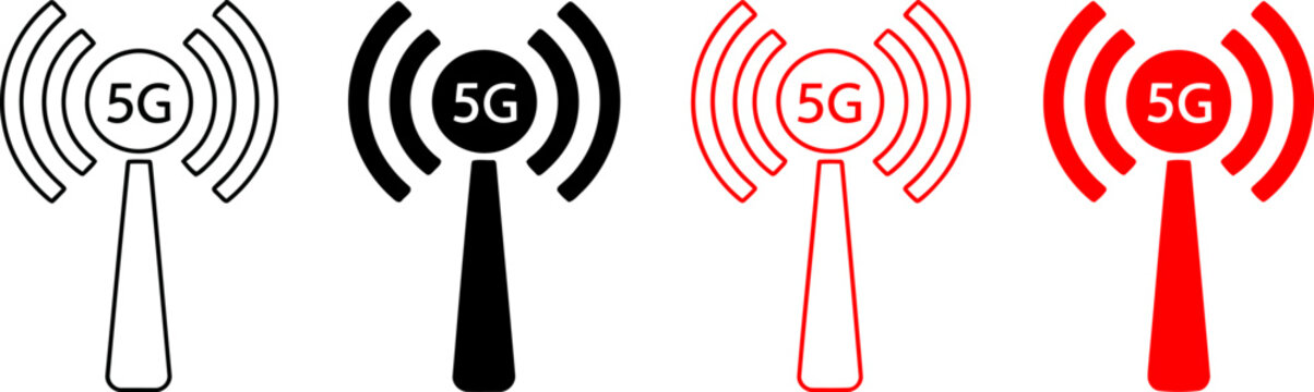 Collection of stylized 5G cellular tower icons representing wireless network connectivity in different colors