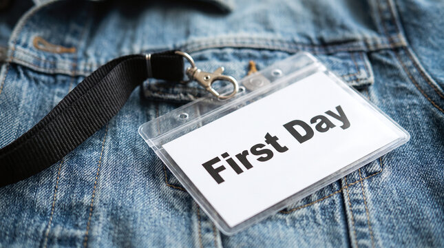 New employee orientation concept with a "First Day" name tag holder on casual denim fabric.