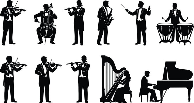 Classical orchestra musician silhouettes featuring violin cello flute saxophone harp piano conductor and percussion black vector illustration collection