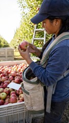 Apple harvesting worker examines fruit in orchard setting © dvoevnore