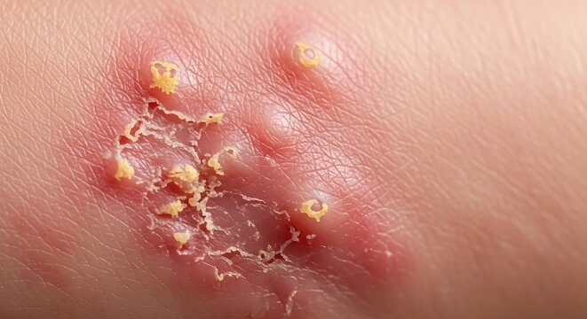 Close-up of a skin infection with pustules and inflammation.