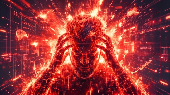 Agonized man clutching his head amidst exploding red digital data. Information overload and mental health crisis in a virtual environment.