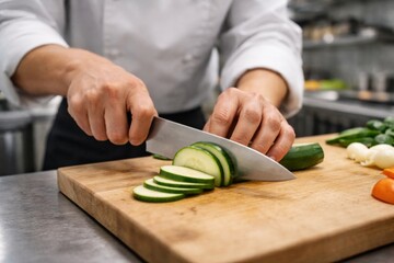 Chef slicing fresh zucchini in professional kitchen setting, hospitality industry operations © dvoevnore