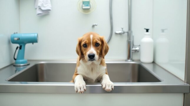 Estaci&oacute;n de autoservicio limpia para el lavado de perros, con ba&ntilde;era de acero inoxidable y herramientas de aseo