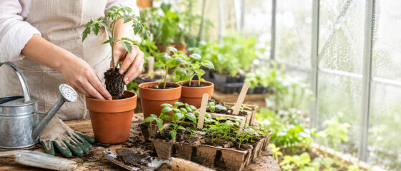 Gardening activity inside greenhouse with potted plants and tools in view © dvoevnore