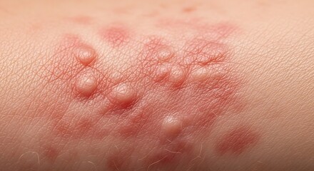 Fototapeta premium Close-up of a skin rash with blisters, possibly shingles or contact dermatitis.