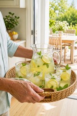 Refreshing lemonade pitcher with lemon slices and mint served on sunny patio © dvoevnore