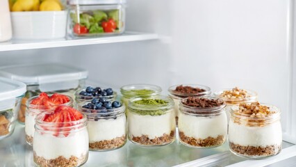 Assorted jars of cheesecake topped with fruits and nuts inside refrigerator, background © dvoevnore