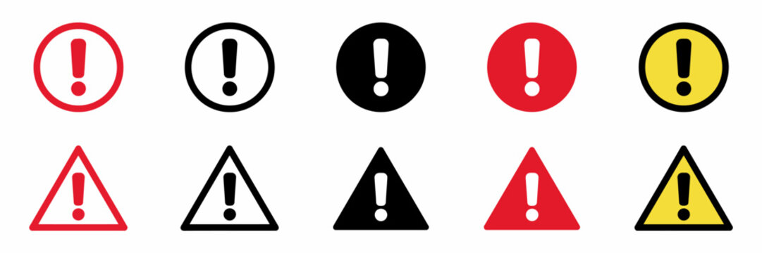 Collection of warning signs with exclamation marks in different colors