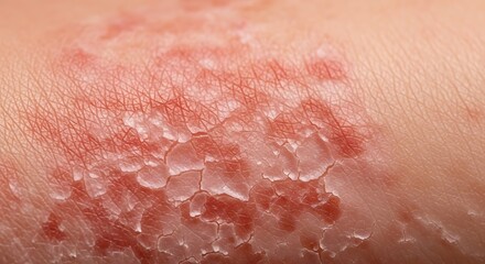 Fototapeta premium Close-up of a skin rash with red inflamed patches and flaky scales.