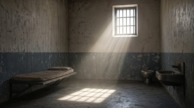 Sunlight streaming through barred window of empty prison cell. Grungy interior of correctional facility with cot and sink.