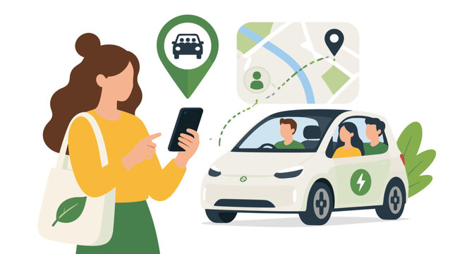 Woman Using Smartphone With Eco Taxi App.