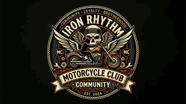 A vintage emblem featuring a skull rider on a motorcycle with wings
