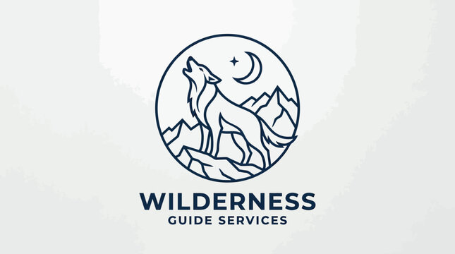 A minimalist circular emblem featuring a howling wolf in the mountains