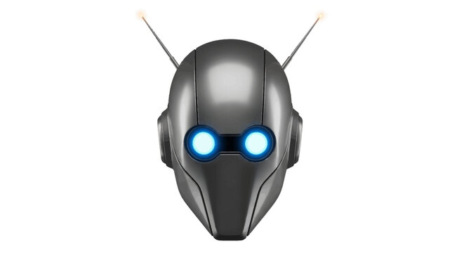 Futuristic robot head illustration with glowing eyes, antennas, and metallic appearance