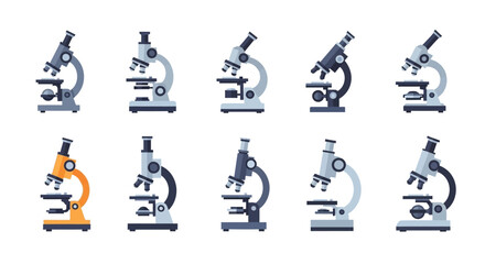 Fototapeta premium Illustration of various microscopes arranged in a row, science and lab equipment concept