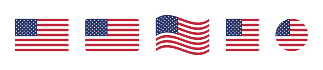Fototapeta premium United States Flag Icon Set American Stars and Stripes Flat Rounded Waving Square and Circular USA Flag Vector Collection
