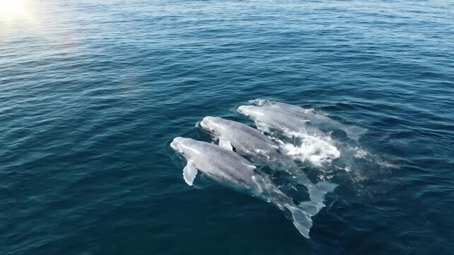 Aerial view of beluga whales swimming in deep blue ocean water, pod of arctic marine mammals migrating in open sea, angle nature cinematic