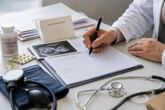 Medical professional writing on a pregnancy care plan with ultrasound image, prenatal vitamins, and stethoscope on a desk in a healthcare setting
