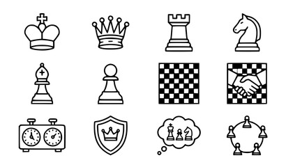 International chess day vector icon set with simple bold line art classic chess king queen knight horse rook pawn board and tournament clock clip art black and white © Mdsahag
