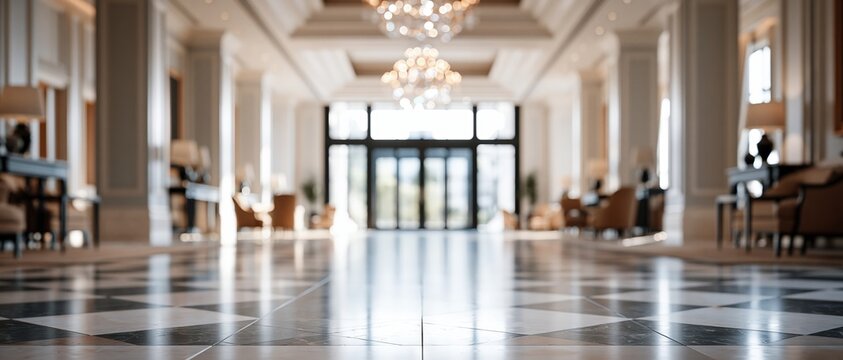 A wide-angle, beautifully defocused abstract blur of a luxury hotel lobby. Features a glossy tiled floor, elegant columns, seating areas, and a sparkling crystal chandelier.