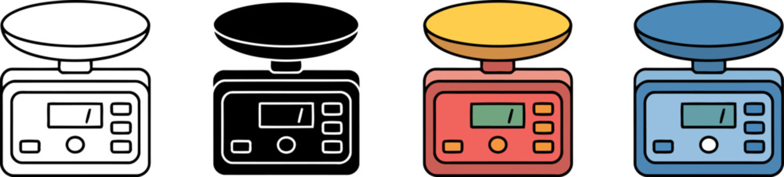Set of four diverse kitchen scales including outline black silhouette and colorful modern designs