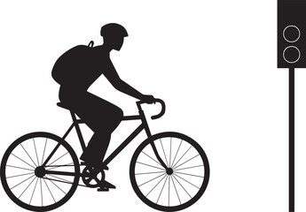 Obraz premium Cyclist riding bicycle near traffic light silhouette isolated black editable vector illustration for urban transportation road safety design