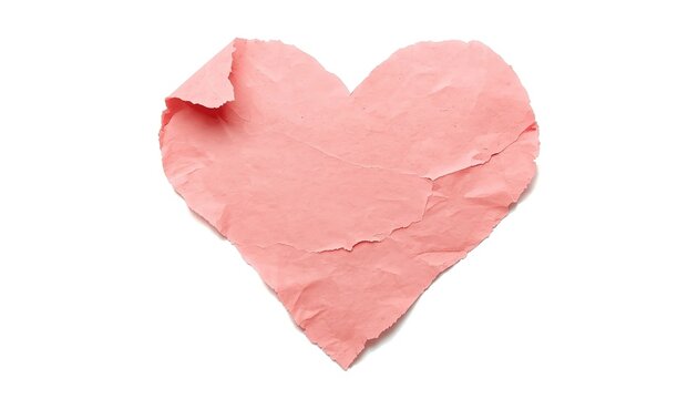 Pink paper heart shape with torn edges isolated on white background.