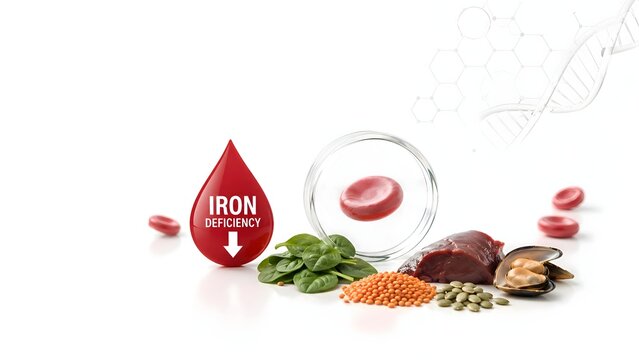 Iron deficiency anemia concept with healthy iron-rich foods, red blood cells and dietary nutrition sources like spinach, meat and lentils, medical health illustration