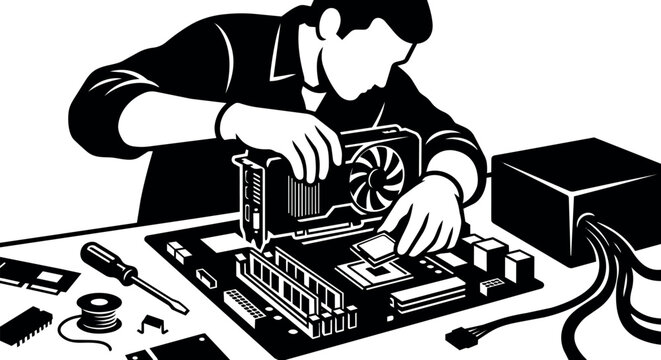Man assembling computer hardware components on motherboard