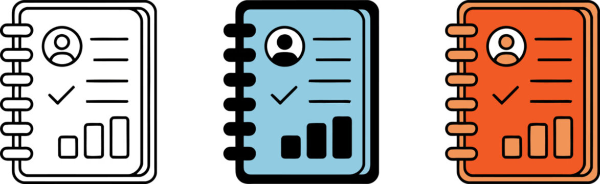 Three diverse icon variations of a professional notebook depicting profile and chart data with checklist isolated on transparent background