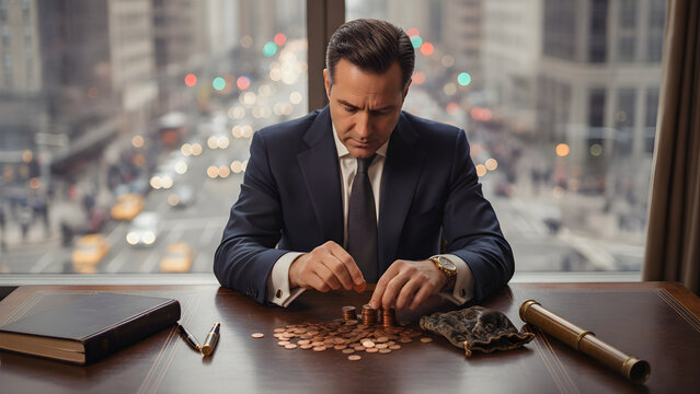 Businessman Counting Money at Desk.