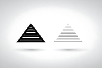 Obraz premium Two minimalist pyramid one black and one white, with layered horizontal lines on a gradient