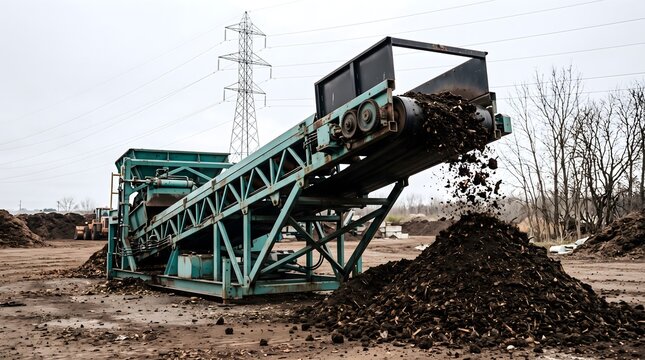 Heavy industrial conveyor belt machine processing dark organic soil and mulch at a recycling facility yard modern sustainable waste management concept