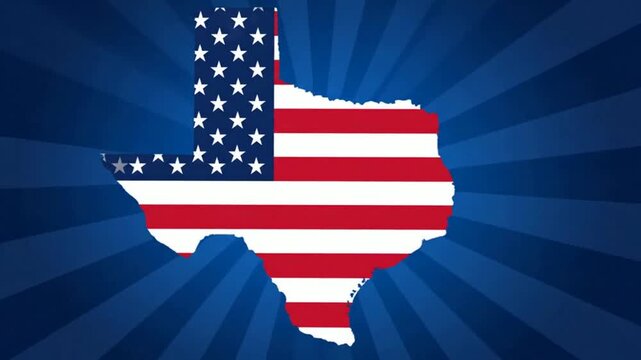 Texas state map with american flag pattern on blue sunburst background, for patriotic political, and business presentations
