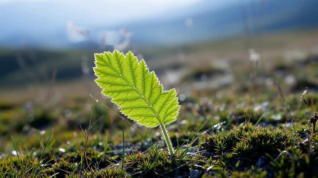 A vibrant green leaf emerges from a bed of moss and grass, illuminated by soft sunlight against a blurred natural backdrop.