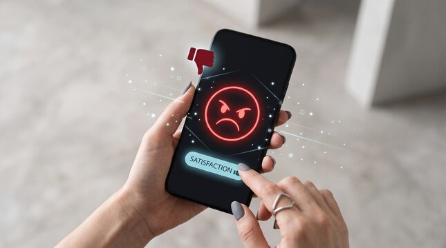 Customer providing negative feedback on a smartphone screen with an angry red face icon and a thumbs down symbol representing poor user satisfaction levels
