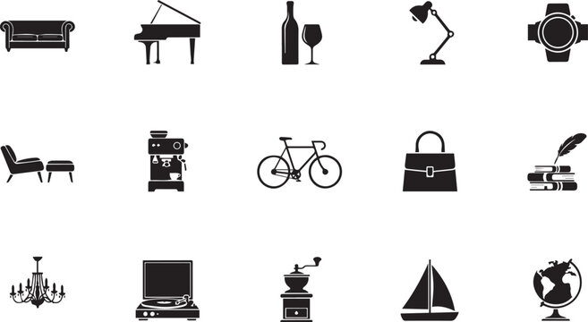 Modern luxury lifestyle furniture and home decor silhouette icon collection featuring vintage objects isolated black editable vector on white background