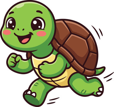 Cute cartoon turtle running happily with a big smile and blush marks.